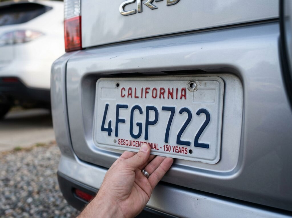 Close-up of a license plate being checked for eligibility before a plate transfer