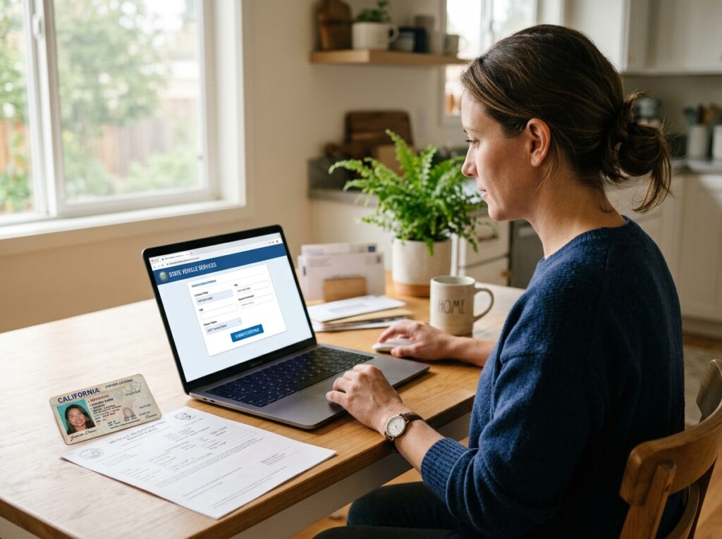 Person completing an online DMV license plate replacement request from home