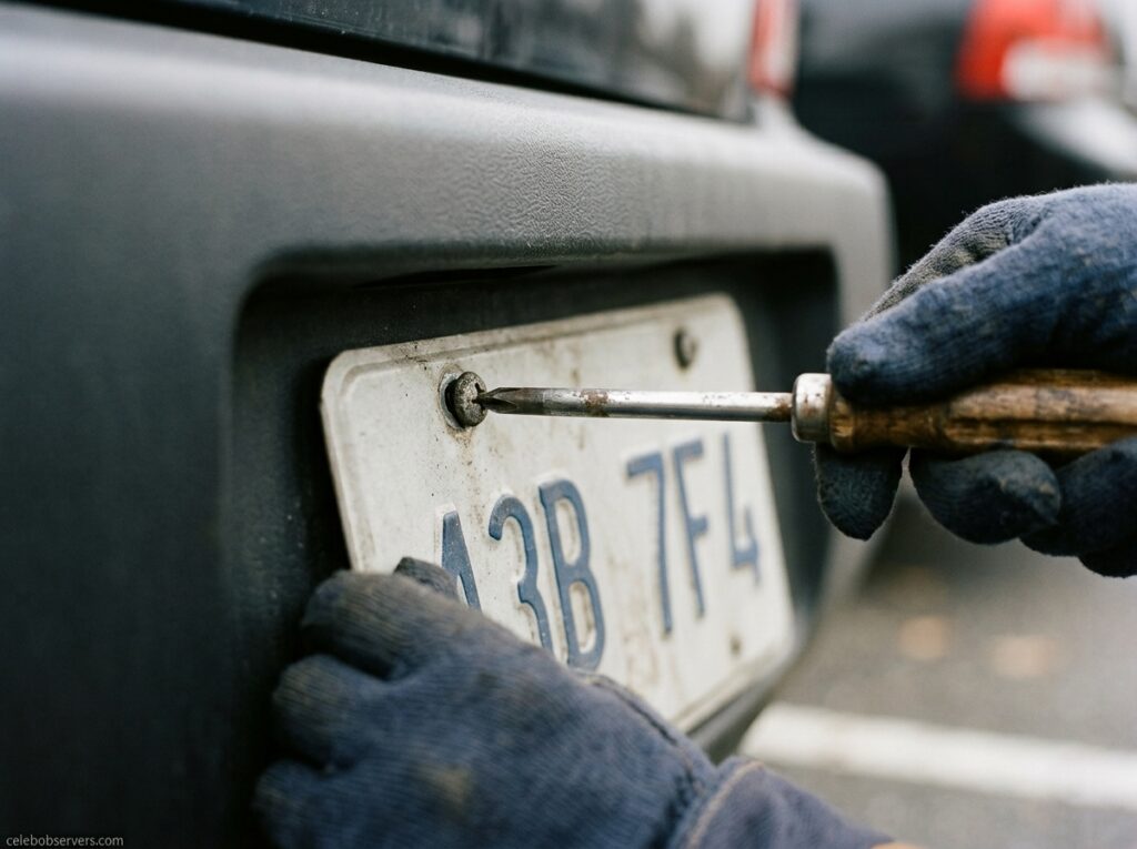 Close-up of removing a license plate with a screwdriver before selling a car