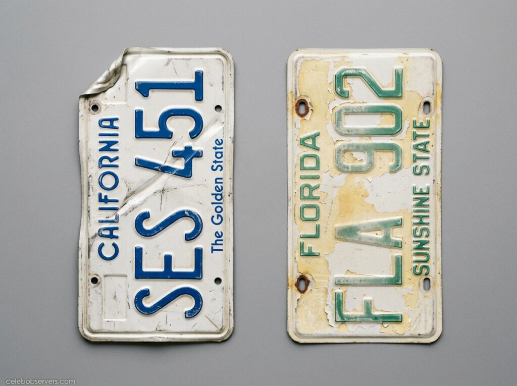 Side-by-side comparison of a bent license plate and a faded license plate