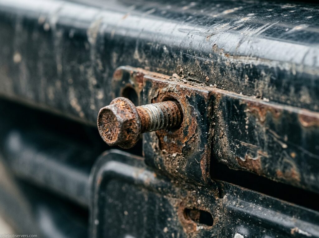 Close-up of a rusted license plate bracket screw that caused the plate to fall off