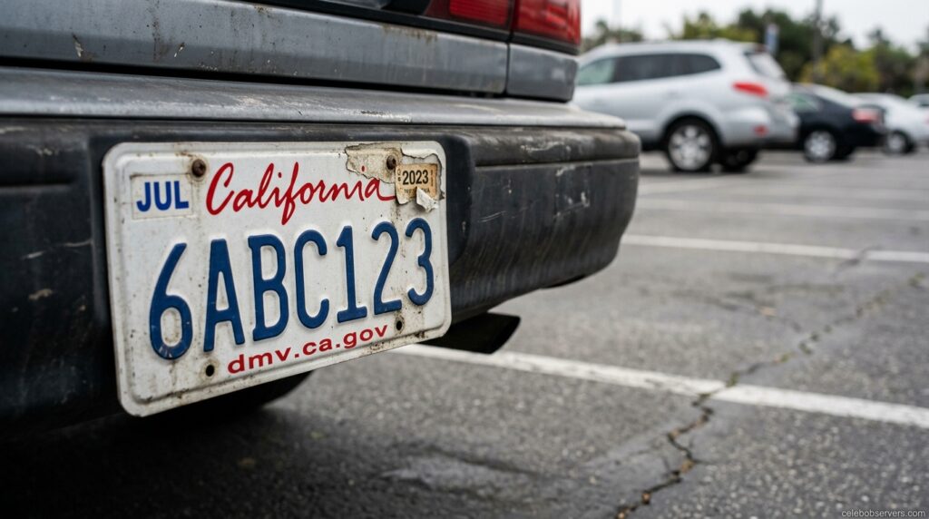 Close-up of an expired vehicle registration sticker on a license plate
