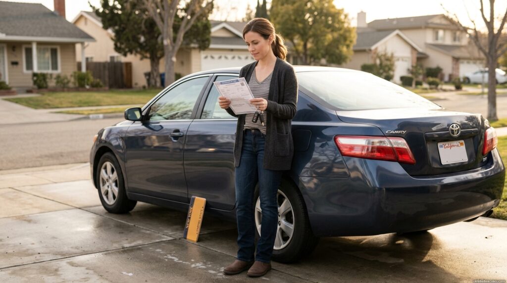 Driver holding car title paperwork beside vehicle after out-of-state car purchase