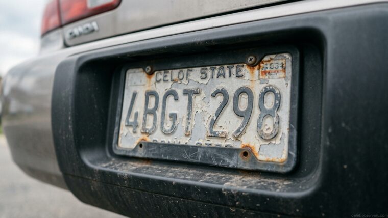 Faded, peeling license plate on a car bumper illustrating when it's time for a replacement plate