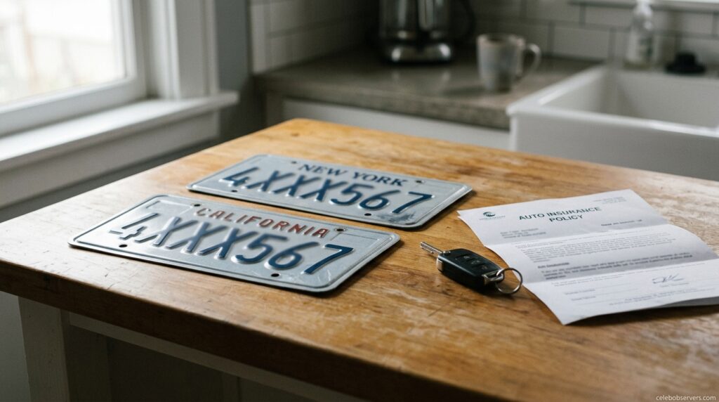 License plates sitting on a kitchen counter after a car sale, ready to be surrendered to the DMV