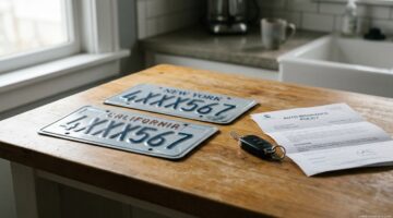 License plates sitting on a kitchen counter after a car sale, ready to be surrendered to the DMV