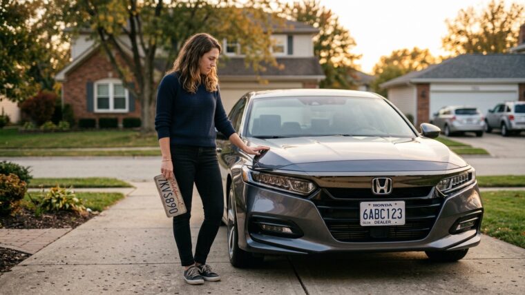 Person holding an old license plate next to their newly purchased car before starting the plate transfer process