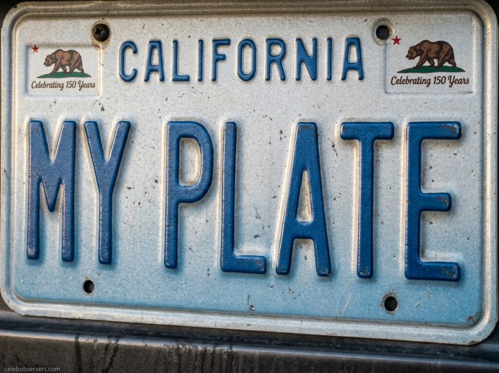 Close-up of embossed letters on a personalized vanity license plate