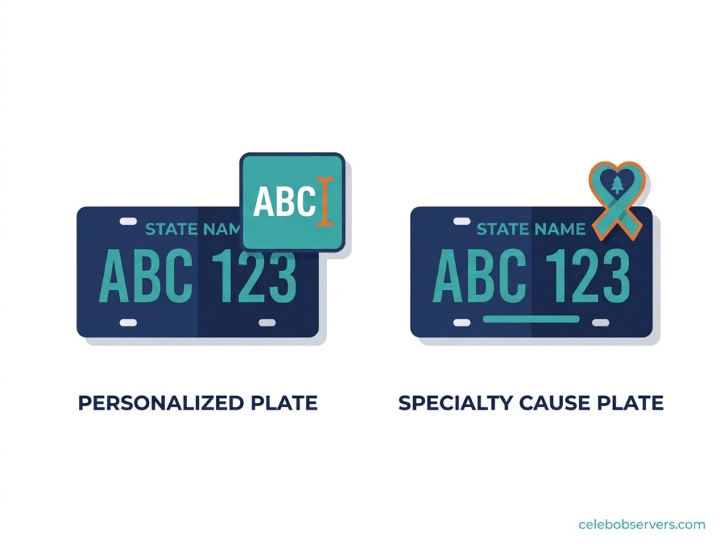 Flat illustration comparing personalized versus specialty license plate concepts