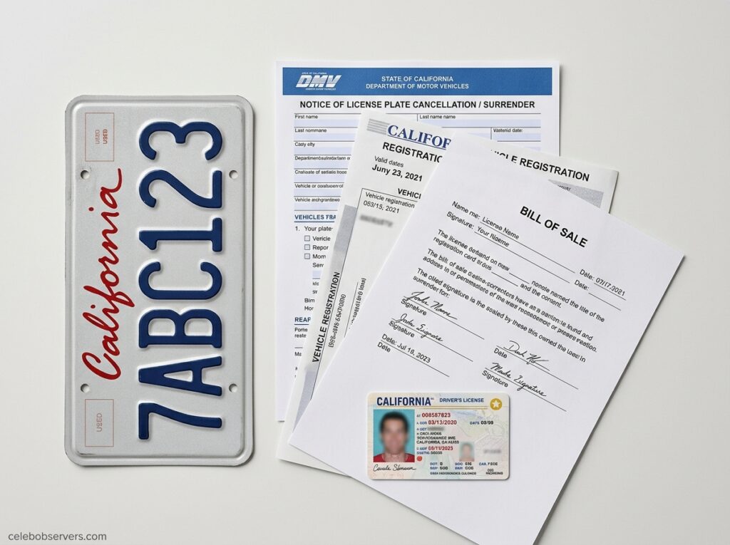 Documents needed to surrender a license plate: ID, bill of sale, registration card, and DMV form