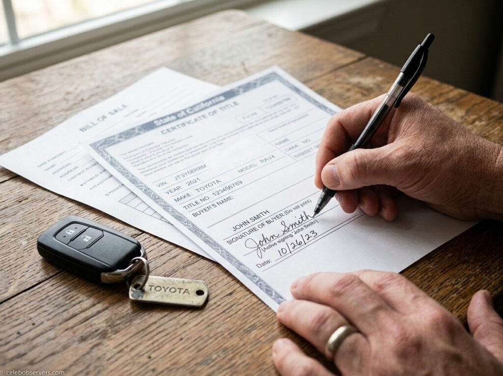 Close-up of hands signing a vehicle title transfer document