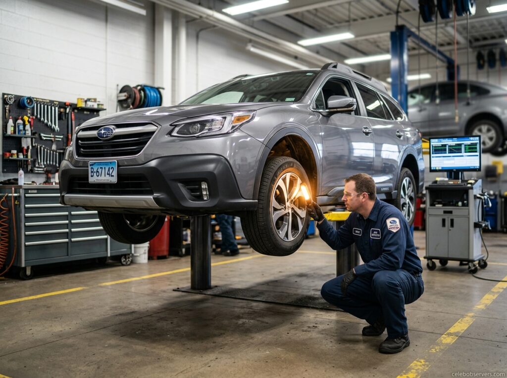 Vehicle inspector checking a car during a required safety and emissions inspection