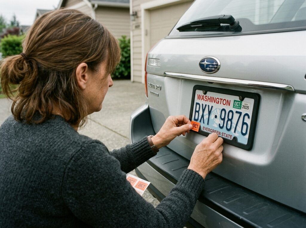 Driver applying a new registration sticker after completing a license plate transfer"