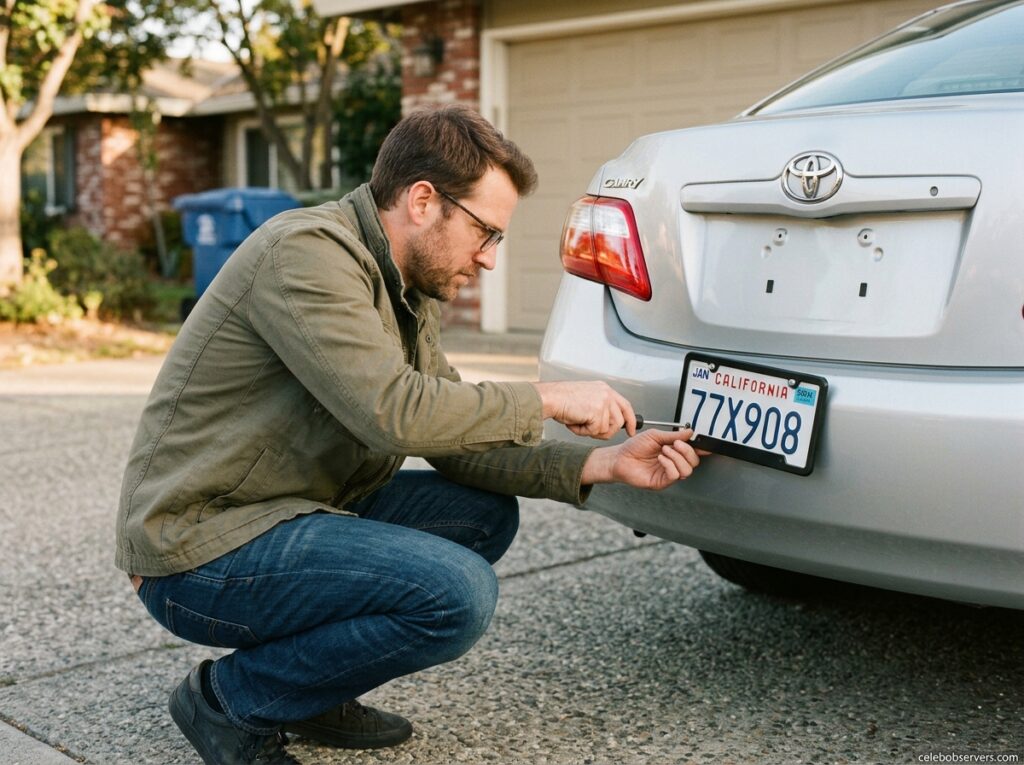 Person installing a new license plate on a car bumper in a driveway