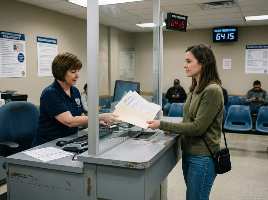 Person submitting vehicle registration documents at a DMV counter