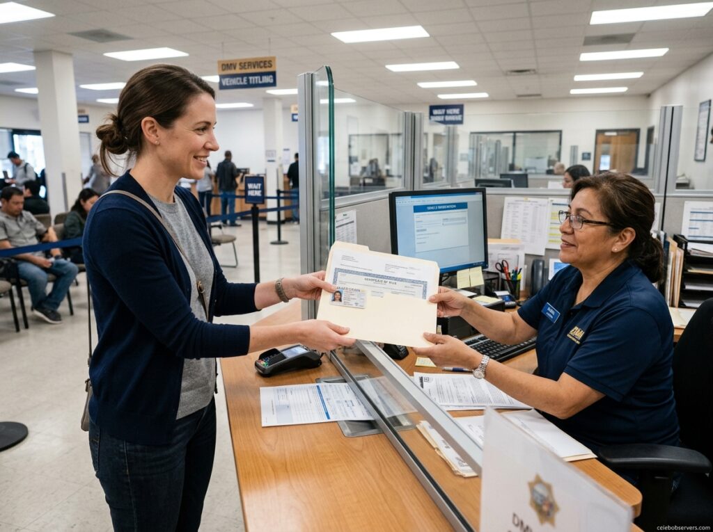 Person submitting paperwork at a DMV counter to apply for a temporary license plate