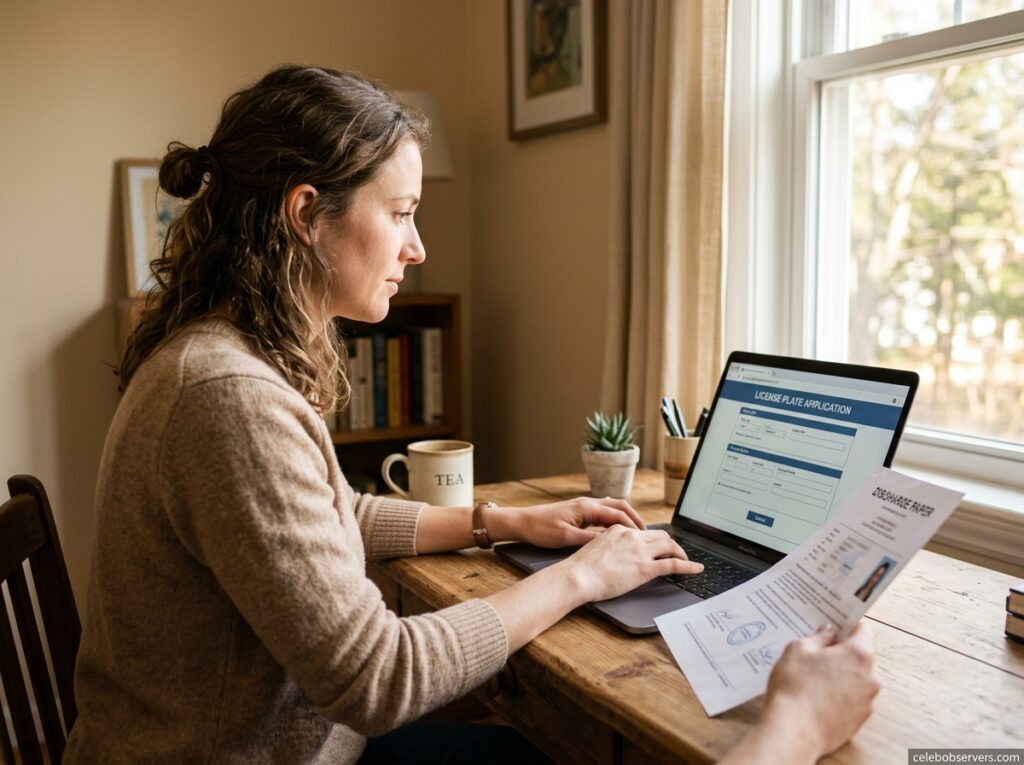 Person filling out a license plate application form online with documents ready