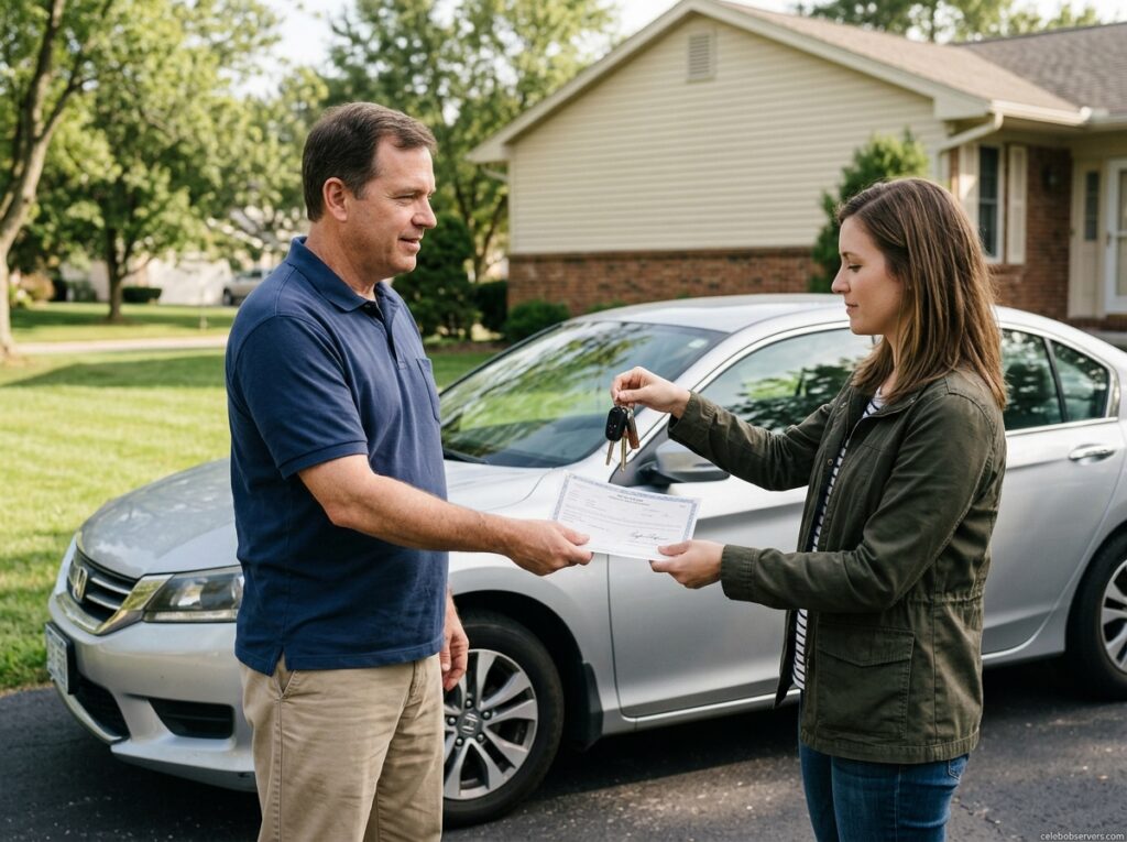 Seller handing over a signed car title and keys to a buyer during a private car sale