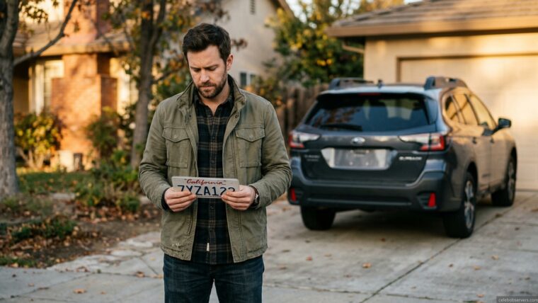 Person holding a removed license plate after selling their car in the driveway