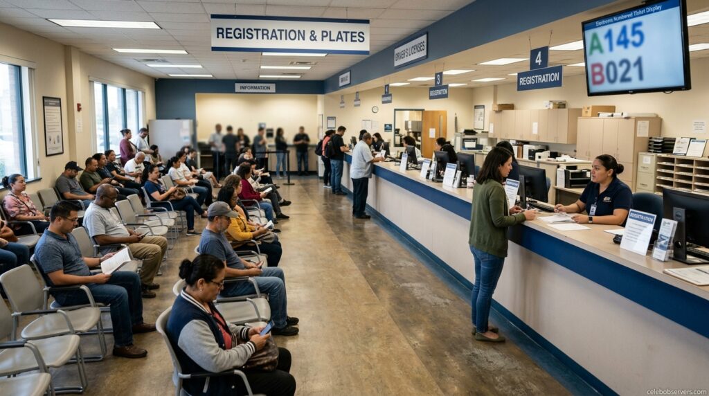 DMV office setting where license plate registration and processing take place