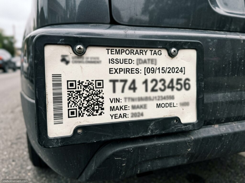 Close-up of a paper temporary license plate with scannable barcode in a car's plate holder