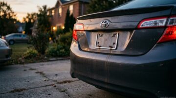 Empty license plate bracket on a car bumper after a plate goes missing